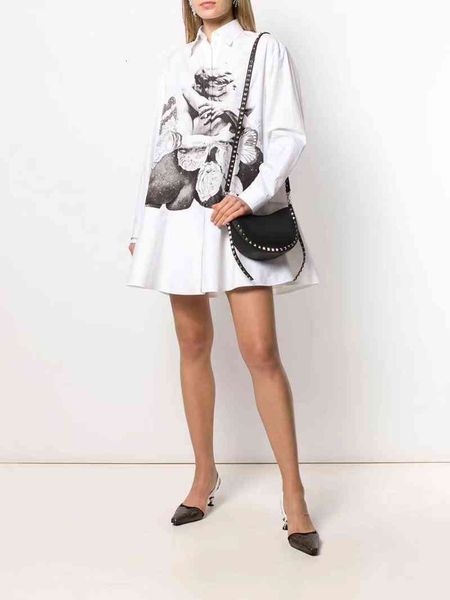 

casual dresses european big brand spring summer lapel black white couple romantic printing pure cotton crisp loose ruffle hem shirt dress q8, Black;gray