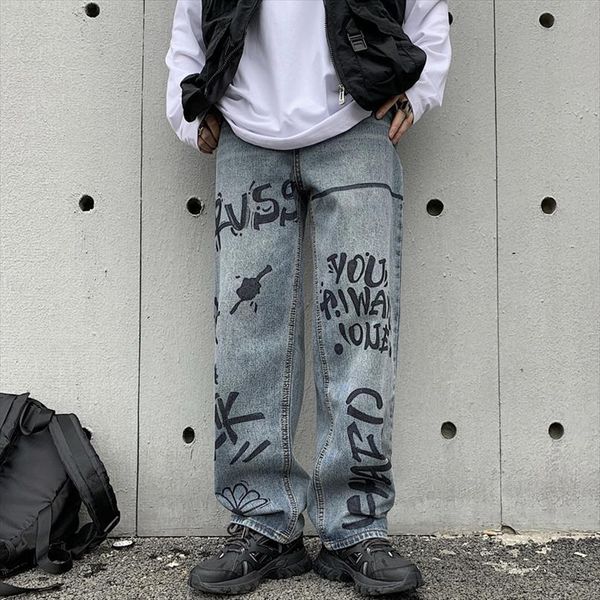 

vintage washed streetwear graffiti loose womens jean high waist straight harajuku cartoon print man, Blue