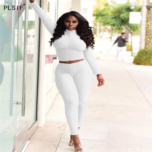 

women's two piece pants women solid color pleated long sleeve round neck tight t-shirt high waist leggings daily leisure slim trousers, White
