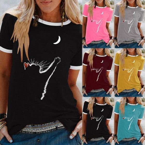 

cat moon print loose round neck short sleeve t-shirt women k3m1 women's, White