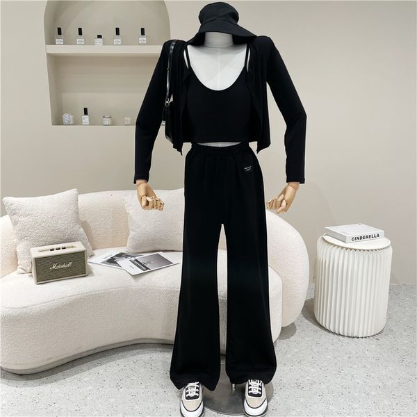 

pant spring women will see niche design fashion suit open waist cardigan cord wide leg walk pants three pieces together, White