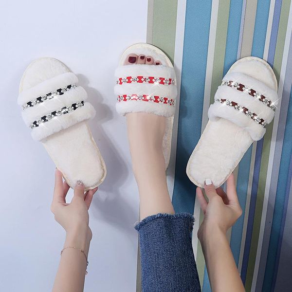 

indoor fluffy slippers women crystal stamen double print flower pantuflas non-slip comfy open toe white fur slides home shoes, Black