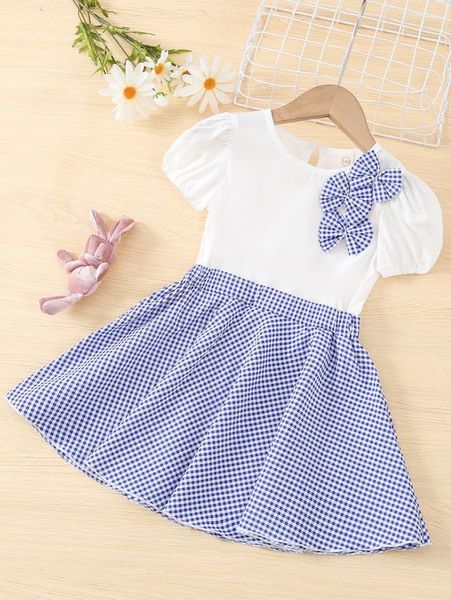 

little girl's two-color plaid bubble sleeve front bow dress she, Red;yellow