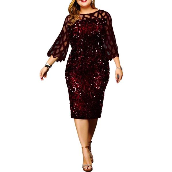 

casual dresses women dress 2021 summer fashion elegant sequin wedding evening party mesh sleeve plus size slim office bodycon 5xl, Black;gray