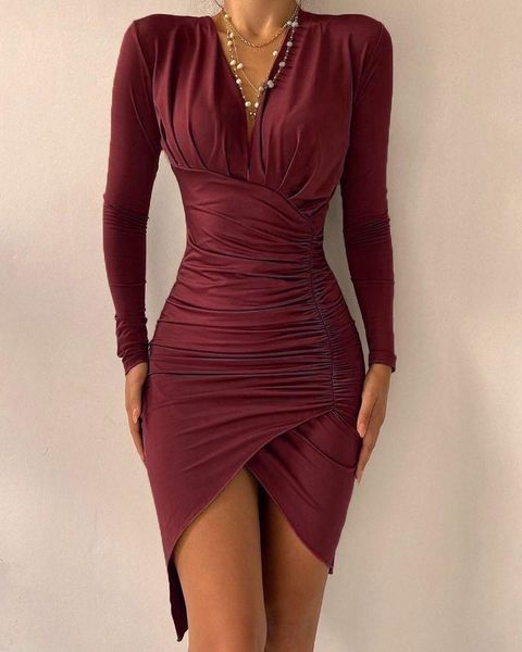 

casual dresses women's solid color pleated hip wrap long sleeve dress, Black;gray