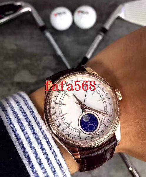 

est 4 style watches for men steel rose gold mechanical 2813 watch men's cellini 50535 leather enamel moonphase date moon display wristw, Slivery;brown