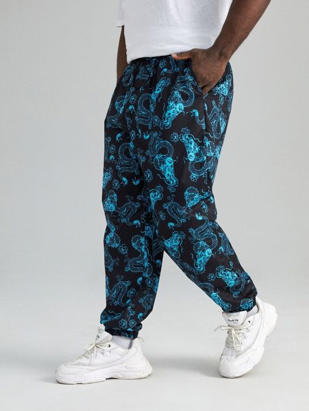 

extended sizes men allover dragon print tapered pants r1nj#, Black