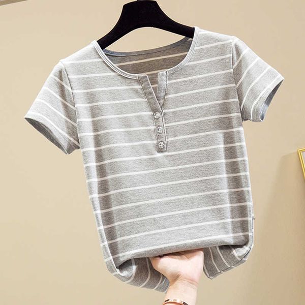 

camisetas mujer vintage t-shirt striped t shirt women summer short sleeve tshirt clothes button cotton femme 210615, White