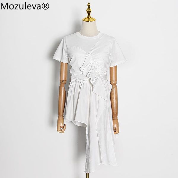 

mozuleva eelegant patchwork ruffle woman's t-shirt o neck short sleeve ruched asymmetric oversize casual shirt female fashion women&#03, White