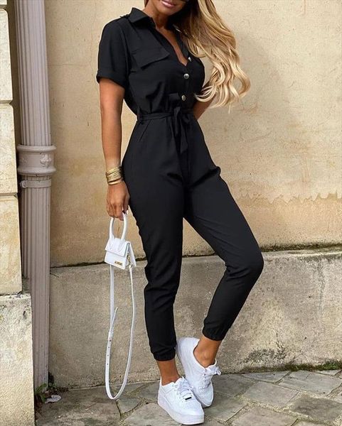 

fashion casual spring wear women jumpsuits overalls solid short sleeve buttoned lace up jumpsuit, Black;white