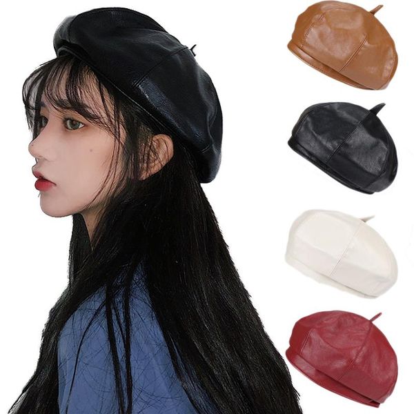 

berets 2021 women girl pu leather french artist warm wool winter beanie hat cap vintage beret hats solid color elegant lady caps, Blue;gray