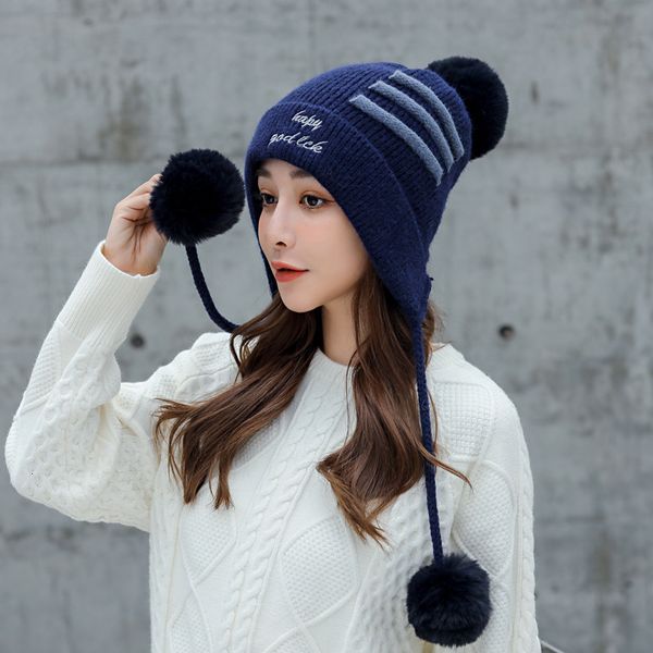 

luxury ball caps winter letter jacquard children's wool knitted hat korean versatile sanmao ball cap ear protection, Blue;gray