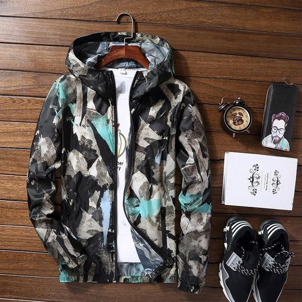 

summer men's hood jacket light thin windbreaker fashion print casual bomber male packable waterproof zipper coat jackets, Black;brown