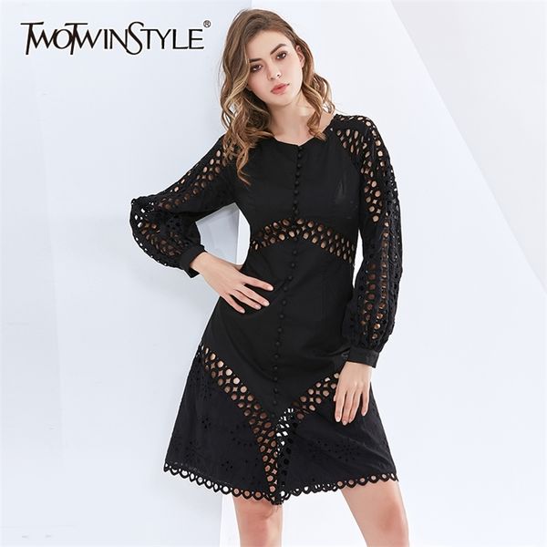 

korean dress for women o neck long sleeve hollow out high waist designer a line dresses female autumn clothing 210520, Black;gray
