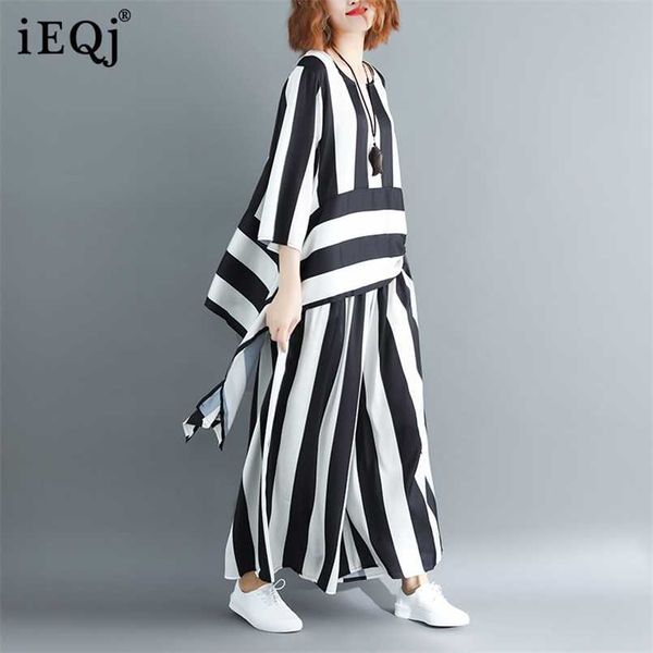 

[ieqj] summer women round collar irregular loose hem stripe shirt elastic suit casual waist two piece set bl641 211007, White