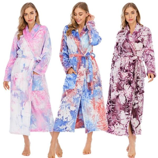 

women's kimono robe winter tie dye plush flannel nightgown women long sleeved pocket belt coat sleepwear, Black;red