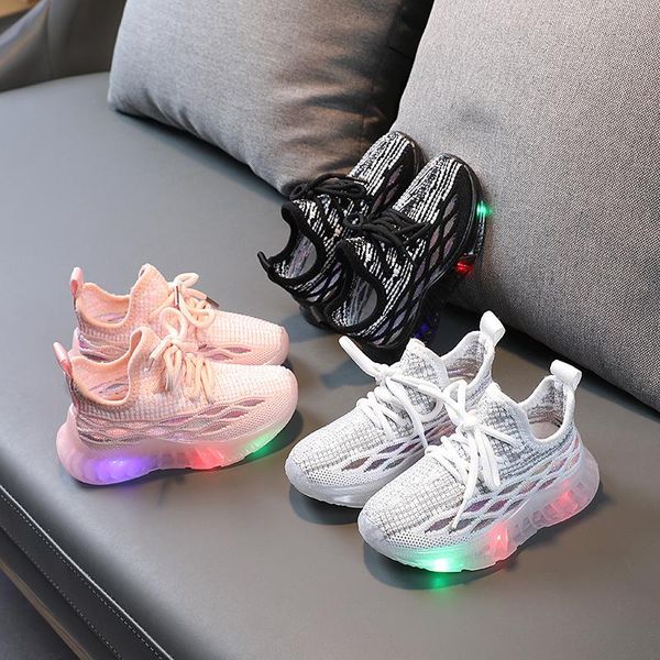 

athletic & outdoor 21spring and autumn children's led lights knitting girls running shoes boys breathable luminous sports shoe, Black