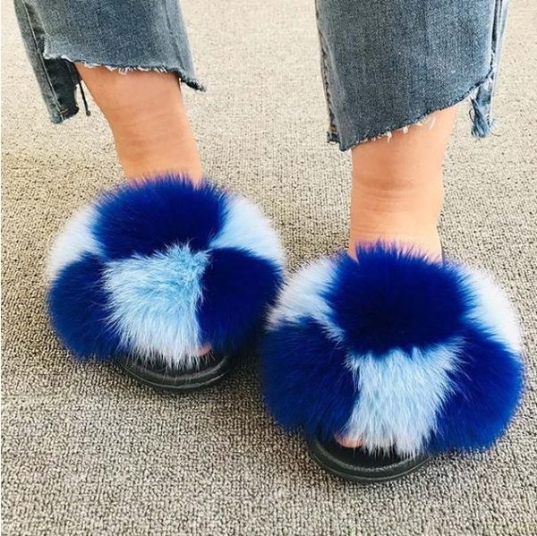 

slippers fluffy women fur faux raccoon flip flops indoor slipers women's slides furry summer flats sweet ladies shoe, Black