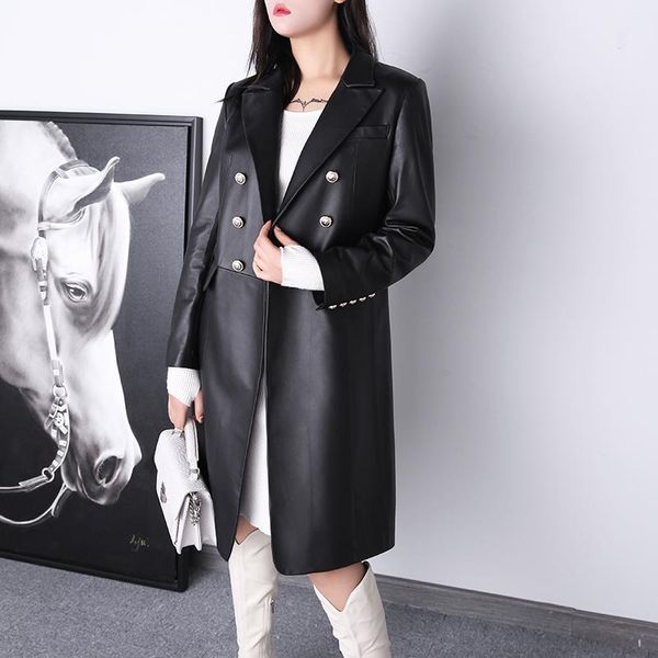 

women's leather & faux factory arrival women fashion long genuine double breasted slim windbreaker jacket, Black