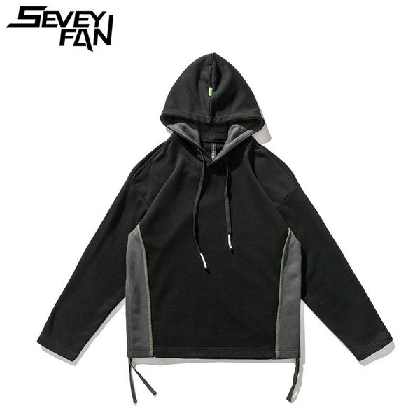 

men's hoodies & sweatshirts seveyfan hoodie street fashion brand patchwork drawstring hooded pullover sweatshirt male, Black