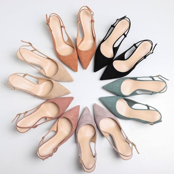 

dress shoes woman 2021 spring 6cm thin high heels slingbacks female pointed toe solid flock women's office lady elegant sandals, Black