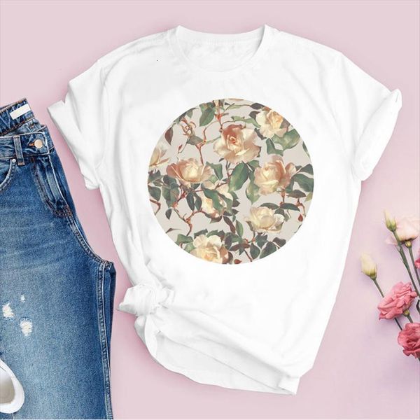 

graphic fashion vintage floral womens t shirts elegant short sleeve print tees clothing female shirt, White
