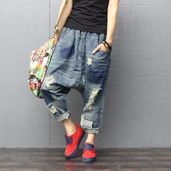 

spring scratched vintage ripped harem women jeans pants denim washed trousers loose elasitc waist distressed, Blue