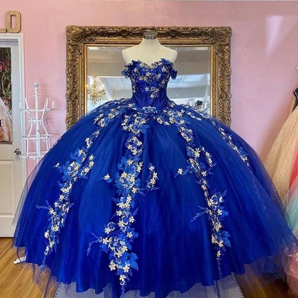 Königsblaues Ballkleid Quinceanera-Kleider mit 3D-Blumen zum Schnüren, Mädchen-Bonbon-16-Partykleider, schulterfrei, Vestidos de Quinceañera