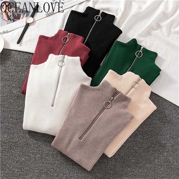 

oceanlove zipper half turtleneck sweater women solid slim autumn winter clothes sueter mujer basic fashion pullovers 12605 211011, White;black