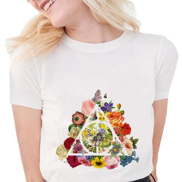 

women's t-shirt fashion floral deathly hallows women flowers printed t shirts o-neck soft short sleeve casual white s1705