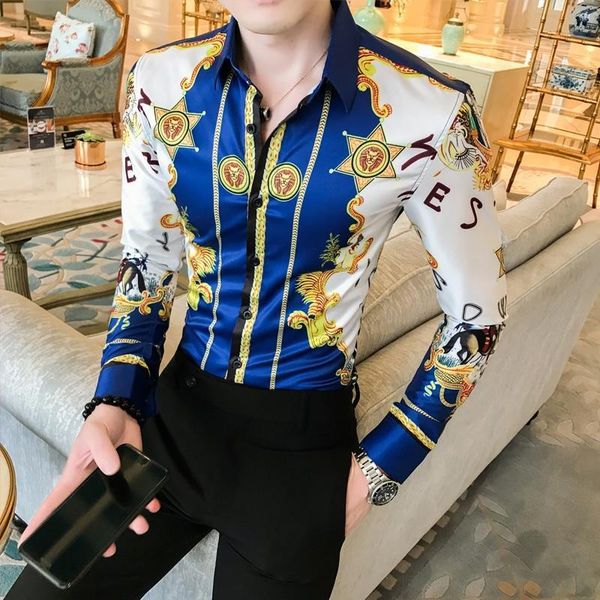 

men's casual shirts korean men shirt slim fit prom elegant for contrast royal blue gold long sleeve dress print designer, White;black