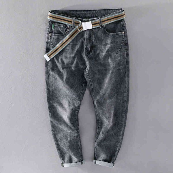 

men's jeans spring and summer style pants ankle-length retro stretch with belt trousers men cotton mens clothing spodnie wvu2, Blue