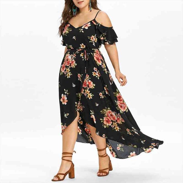

30h plus size summer dress casual short sleeve woman dress cold shoulder boho plus size flower print long robe, Black;gray