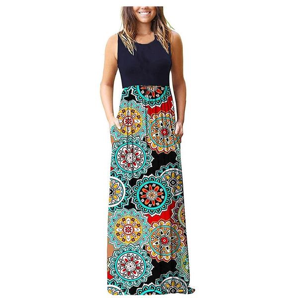

40# summer dresses 2021 women's sleeveless pocket casual dress floral print beach long maxi loose vestido de mujer, Black;gray