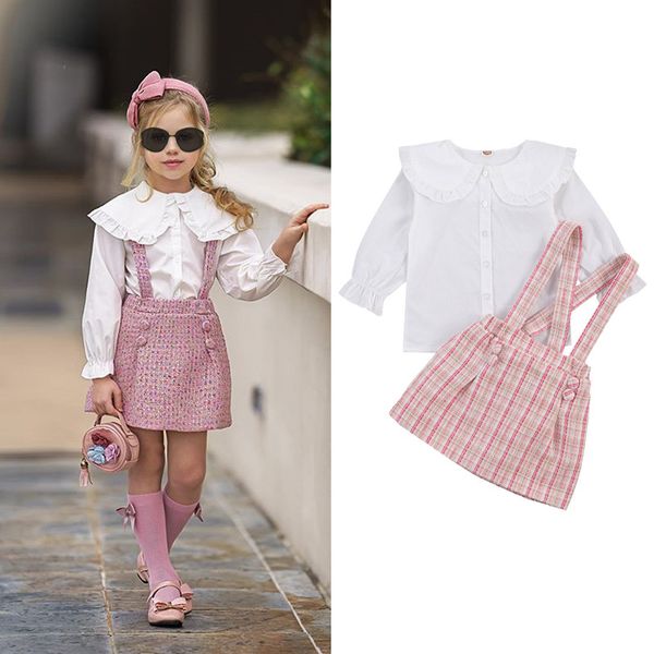 

toddler kids baby girls clothes sets 2pcs ruffles t-shirt plaid print bib strap dress autumn princess outfits 1-6y, White
