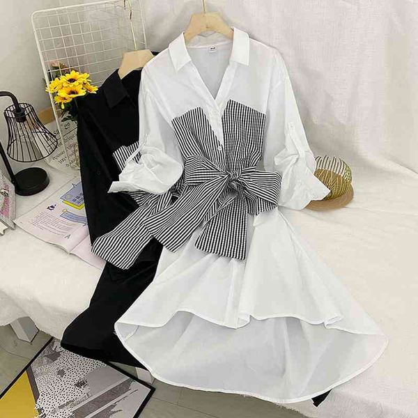 

neploe women dress slim waist bow striped vest patchwork a-line dresses fake two piece long sleeve temperament office vestidos 210422, Black;gray