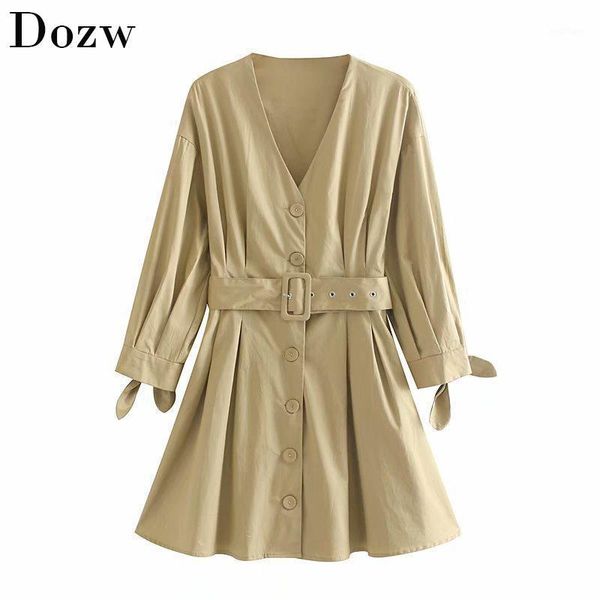 

casual dresses women elegant vintage pleated mini dress with belt pockets 2021 v neck bow tie sleeve a-line party solid stylish, Black;gray