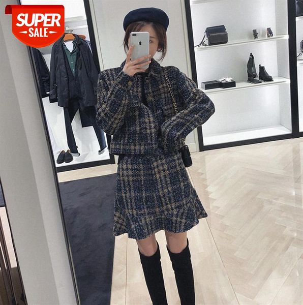 

tweed little scented sister set, short plaid coat and skirt two-piece female #jc8m, Black