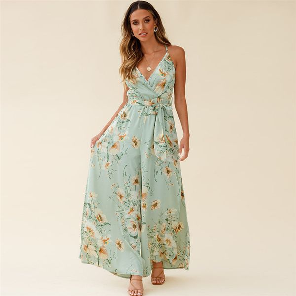 

new spring summer floral casual jumpsuit women's oversized suspenders beach high waist lace up jumpsuit for fashionable 210413, Black;white