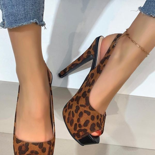 

dress shoes leopard high heels sandals women 2021 summer open toe slingbacks platform big size 36-43 night club party, Black