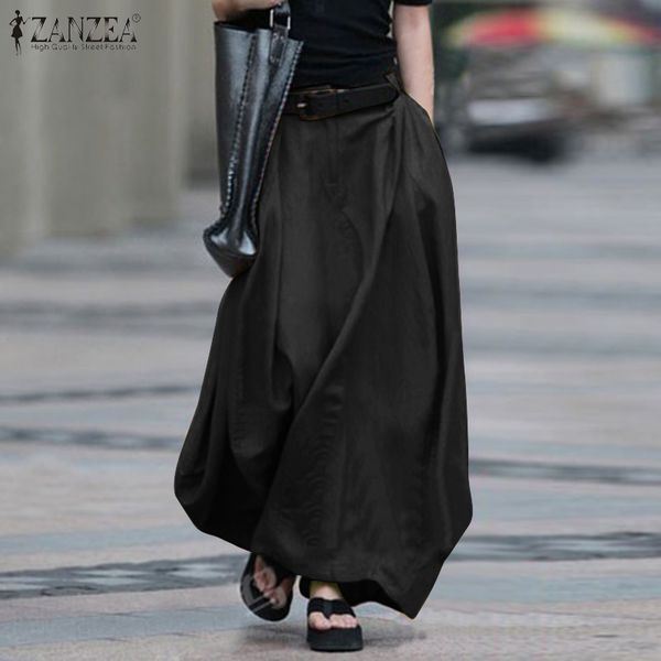 

20212021 vintage summer skirts zanzea women high waist solid cotton linen skirt saia female beach maxi long skirts jupe faldas 5xl 7, Black