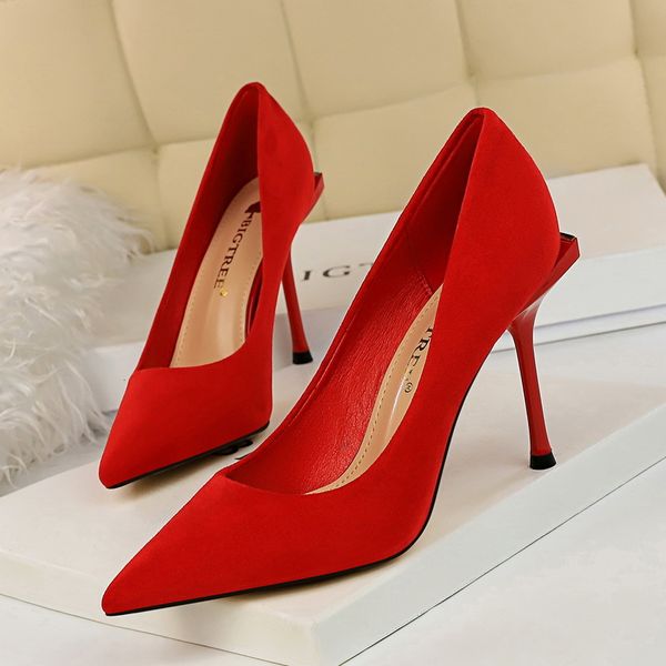 

dress shoes korean fashion thin and delicate slim heel suede shallow pointed high heels women's single shoes, Black