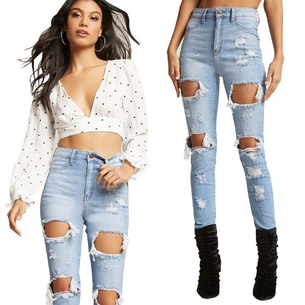 

womens destroyed ripped distressed hole women skinny pants jeans, Blue