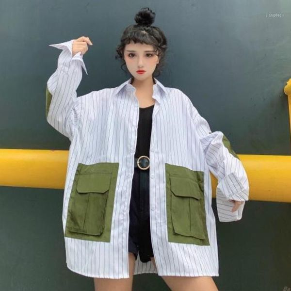 

women's blouses & shirts [ewq]patchwork long sleeve women blouse japan chic blusas ladies striped shirt coats stitching big pockets ove, White