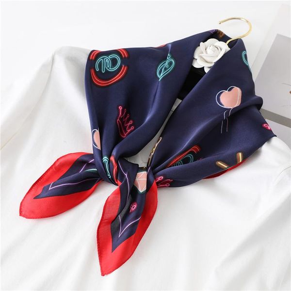 

scarves spring summer silk scarf women small square hair band print neck foulard lady accessories bandana 2021, Blue;gray