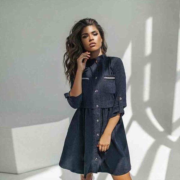 

stand collar long sleeve womens dress a line corduroy pockets high wasit slim party vintage solid loose casual autumn, Black;gray