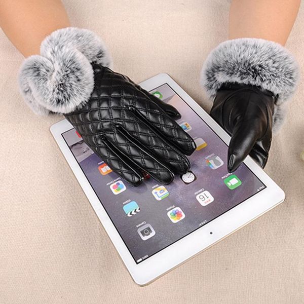 

fingerless gloves 1 pair 2021 warm elegant faux fur pu leather for winter brand mitten women, Blue;gray