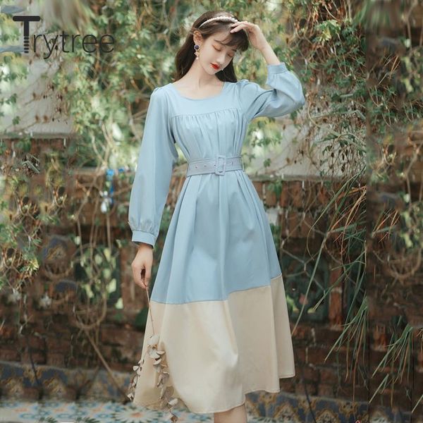 

casual dresses trytree 2021 spring autumn women's dress silky square collar puff sleeve patchwork belt mid-calf a-line sweet, Black;gray