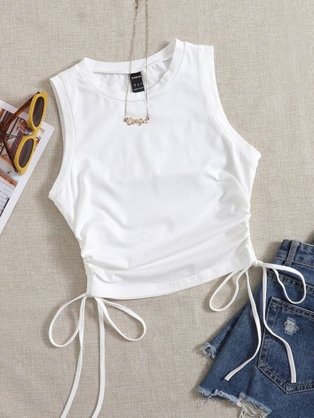 

drawstring ruched side crop tank h8mb#, White