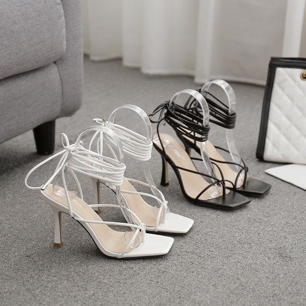 

sandals 2021 women's shoes square toe clip simple bandage roman high heeled, Black